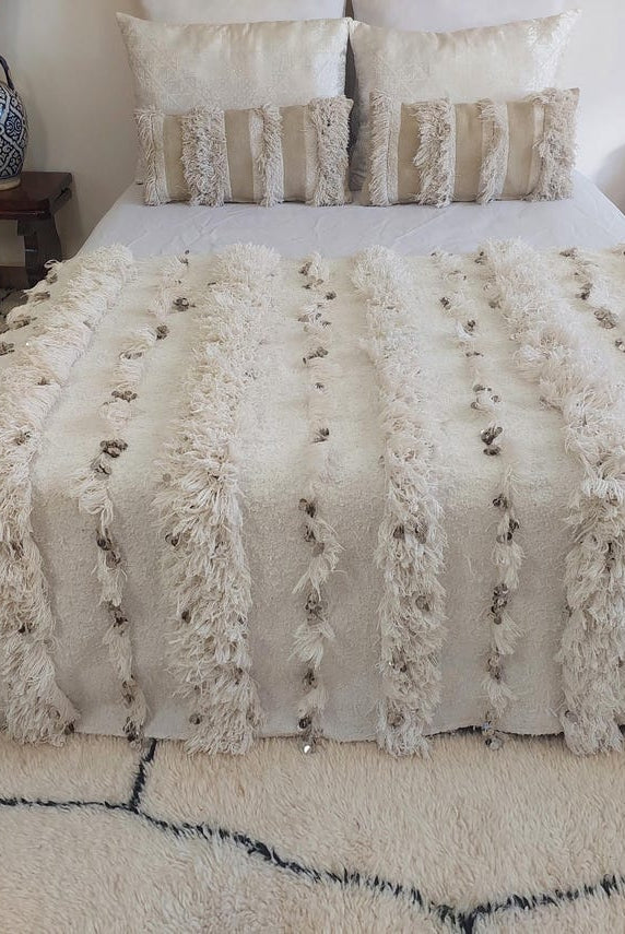 White Boho Blanket Cotton Moroccan Handira with Sequins and Heart Tassels MoroccanBazzArts
