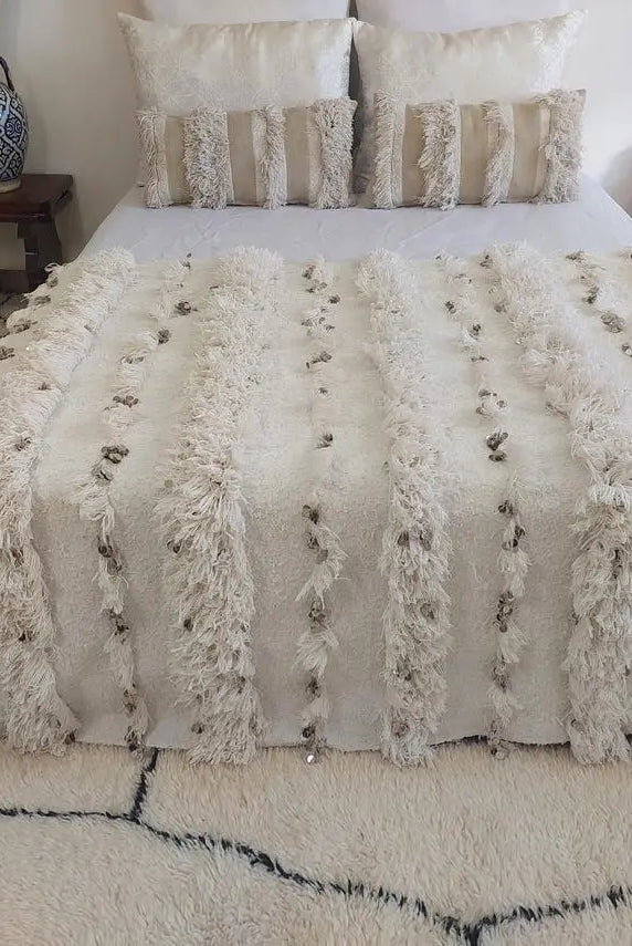 White Boho Blanket Cotton Moroccan Handira with Sequins and Heart Tassels MoroccanBazzArts