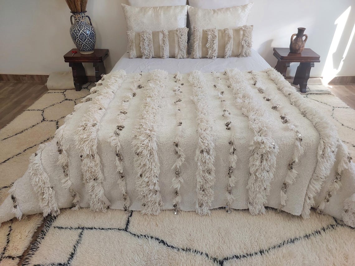 White Boho Blanket Cotton Moroccan Handira with Sequins and Heart Tassels MoroccanBazzArts