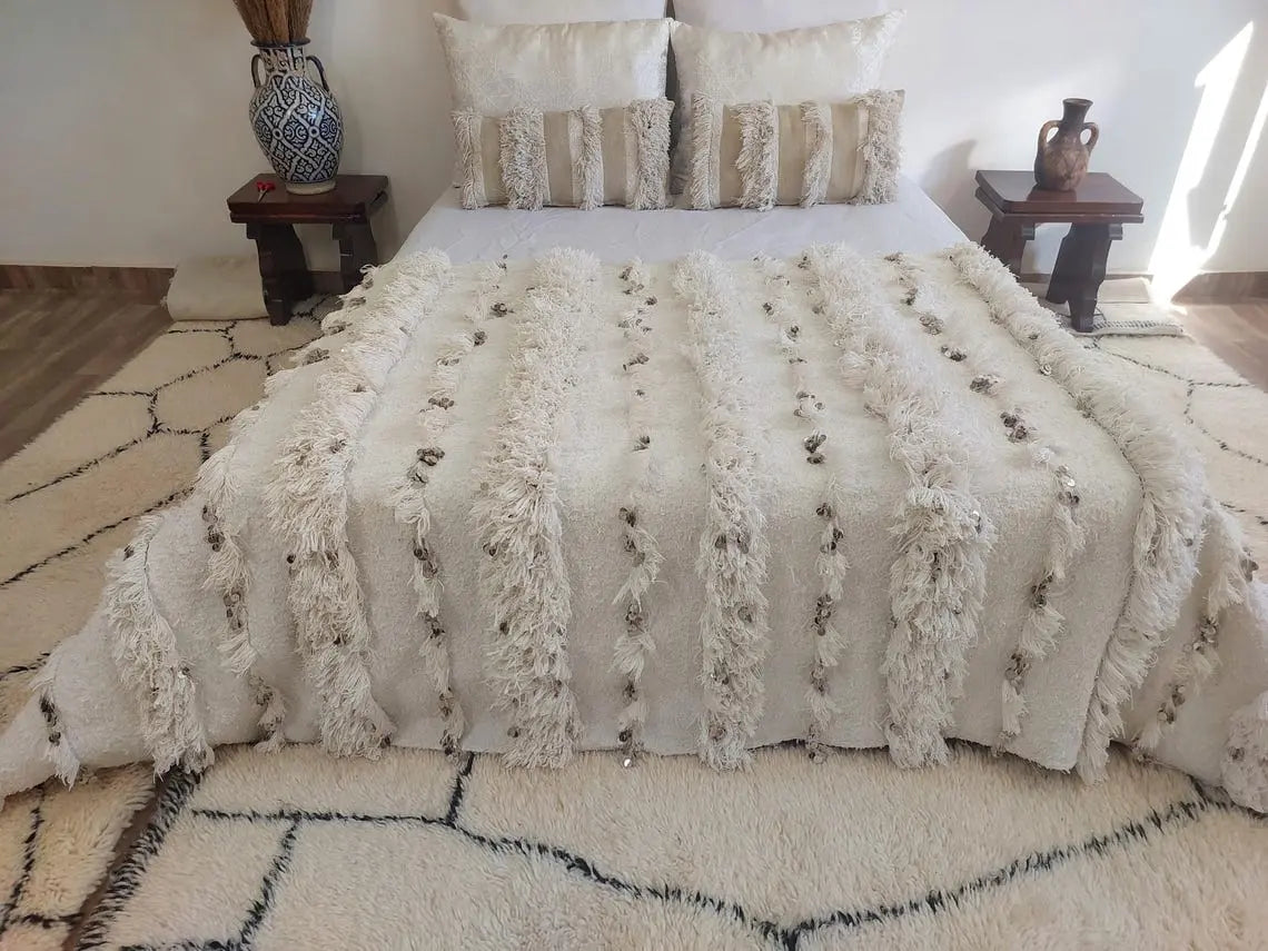 White Boho Blanket Cotton Moroccan Handira with Sequins and Heart Tassels MoroccanBazzArts