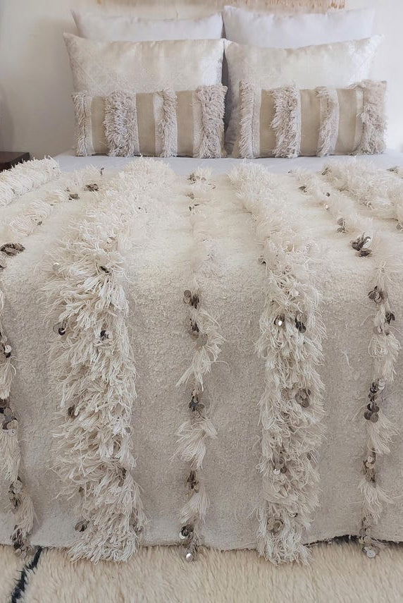 White Boho Blanket Cotton Moroccan Handira with Sequins and Heart Tassels MoroccanBazzArts