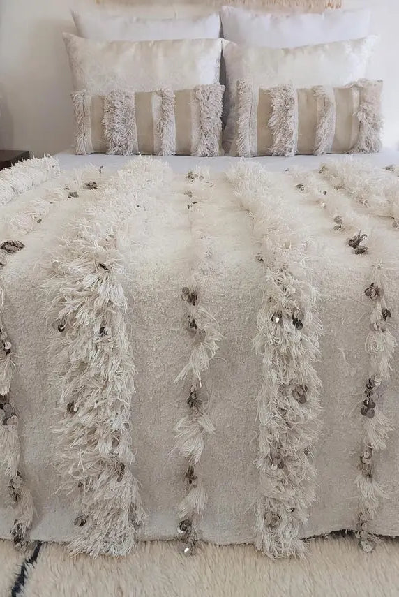 White Boho Blanket Cotton Moroccan Handira with Sequins and Heart Tassels MoroccanBazzArts