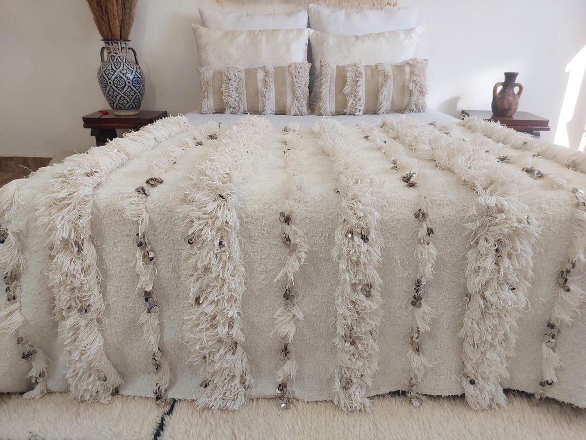 White Boho Blanket Cotton Moroccan Handira with Sequins and Heart Tassels MoroccanBazzArts