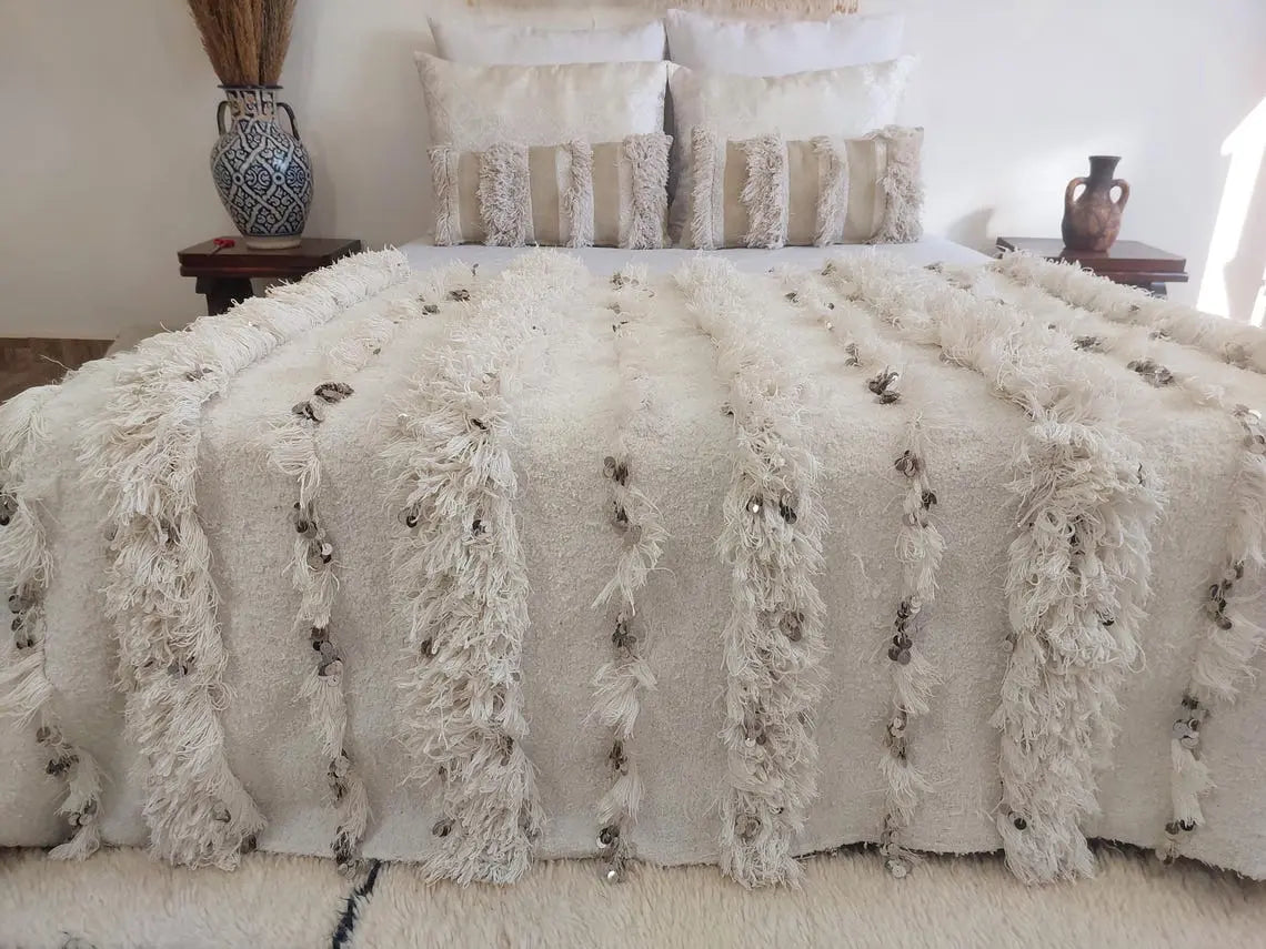 White Boho Blanket Cotton Moroccan Handira with Sequins and Heart Tassels MoroccanBazzArts