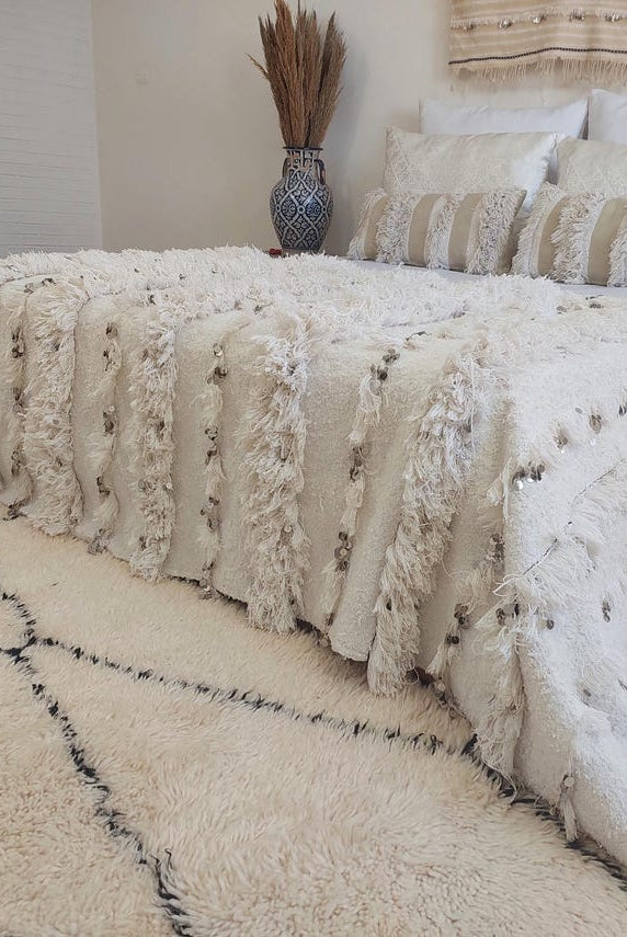 White Boho Blanket Cotton Moroccan Handira with Sequins and Heart Tassels MoroccanBazzArts