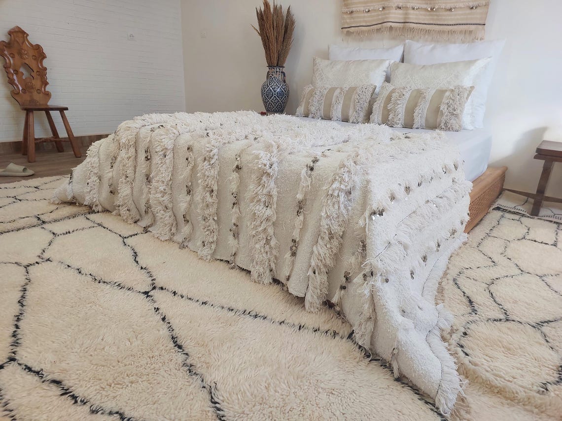 White Boho Blanket Cotton Moroccan Handira with Sequins and Heart Tassels MoroccanBazzArts