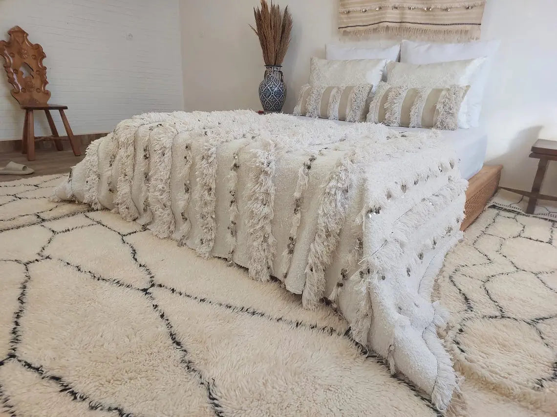 White Boho Blanket Cotton Moroccan Handira with Sequins and Heart Tassels MoroccanBazzArts