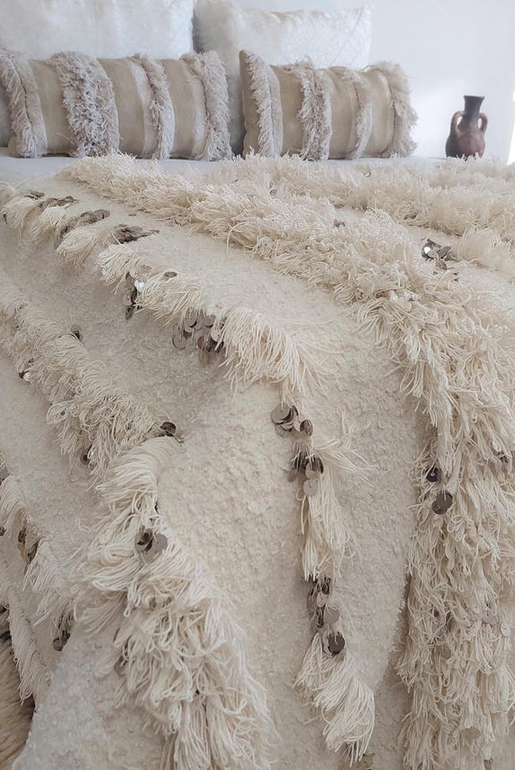 White Boho Blanket Cotton Moroccan Handira with Sequins and Heart Tassels MoroccanBazzArts