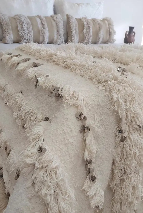 White Boho Blanket Cotton Moroccan Handira with Sequins and Heart Tassels MoroccanBazzArts