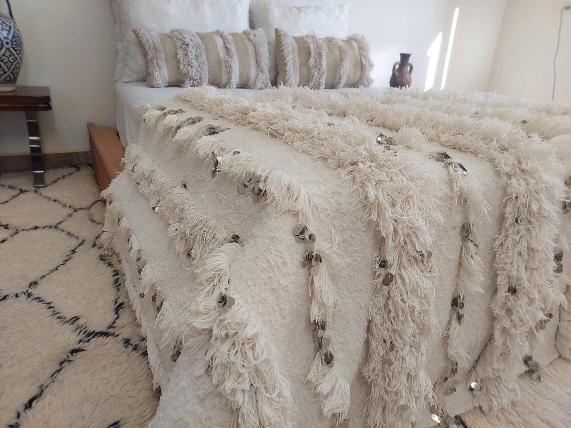 White Boho Blanket Cotton Moroccan Handira with Sequins and Heart Tassels MoroccanBazzArts