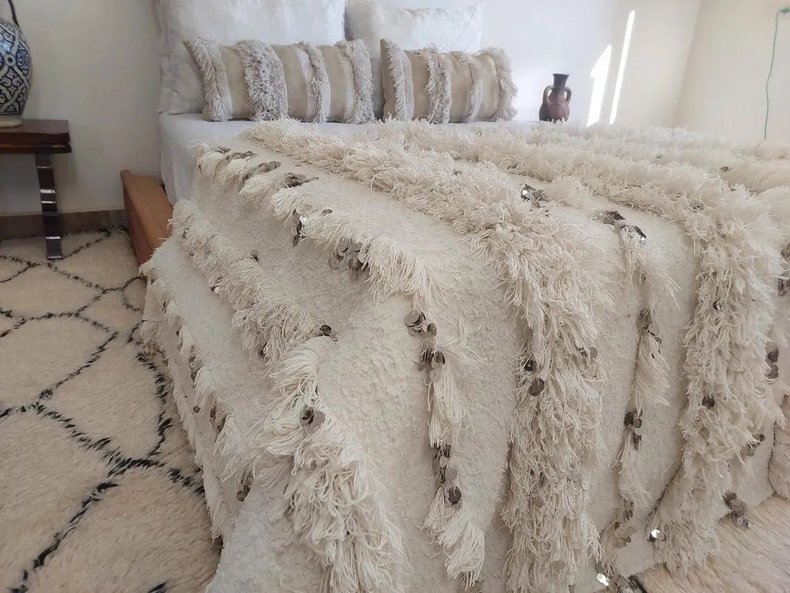 White Boho Blanket Cotton Moroccan Handira with Sequins and Heart Tassels MoroccanBazzArts