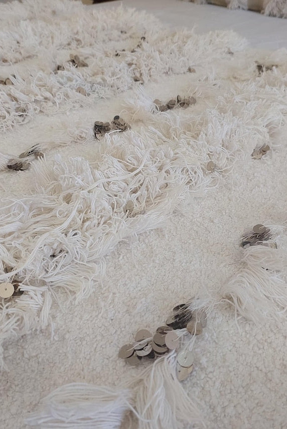 White Boho Blanket Cotton Moroccan Handira with Sequins and Heart Tassels MoroccanBazzArts
