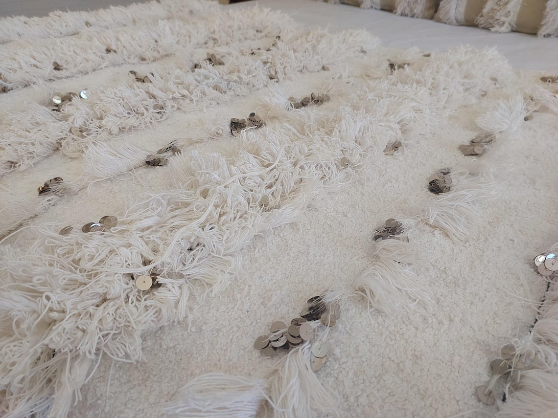 White Boho Blanket Cotton Moroccan Handira with Sequins and Heart Tassels MoroccanBazzArts