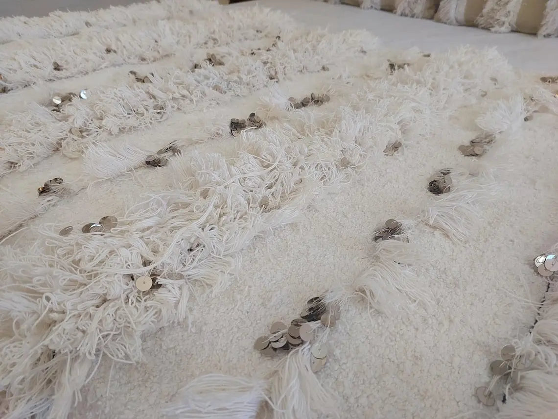 White Boho Blanket Cotton Moroccan Handira with Sequins and Heart Tassels MoroccanBazzArts