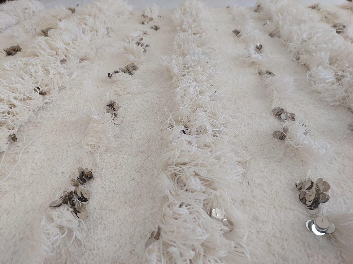 White Boho Blanket Cotton Moroccan Handira with Sequins and Heart Tassels MoroccanBazzArts