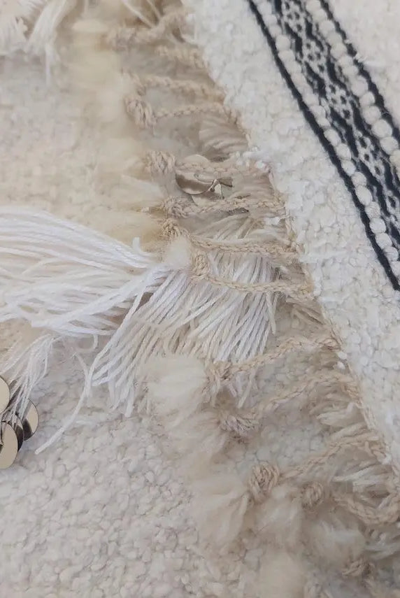 White Boho Blanket Cotton Moroccan Handira with Sequins and Heart Tassels MoroccanBazzArts