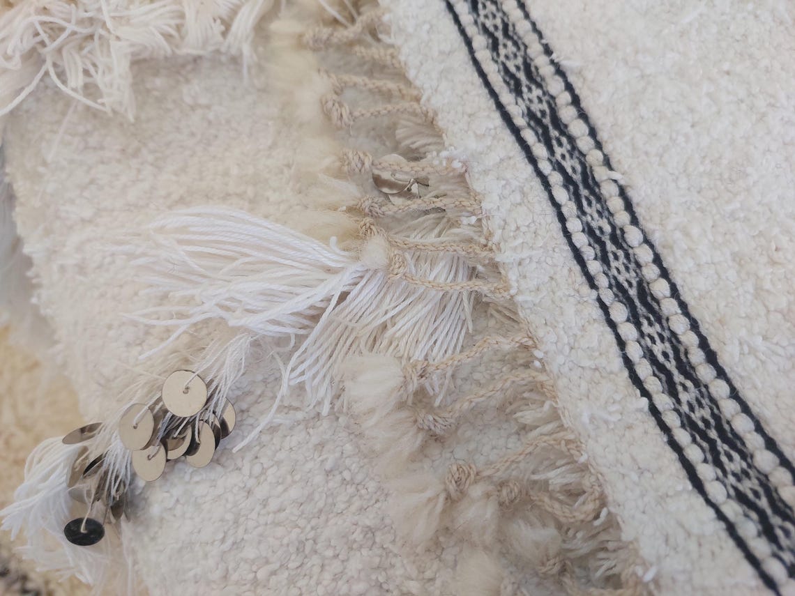 White Boho Blanket Cotton Moroccan Handira with Sequins and Heart Tassels MoroccanBazzArts