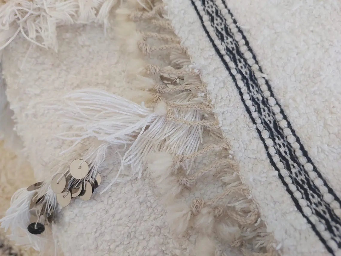 White Boho Blanket Cotton Moroccan Handira with Sequins and Heart Tassels MoroccanBazzArts
