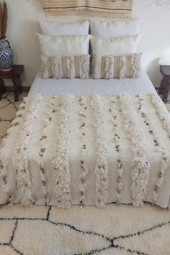 White Boho Blanket Cotton Moroccan Handira with Sequins and Heart Tassels MoroccanBazzArts