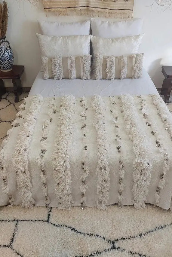 White Boho Blanket Cotton Moroccan Handira with Sequins and Heart Tassels MoroccanBazzArts