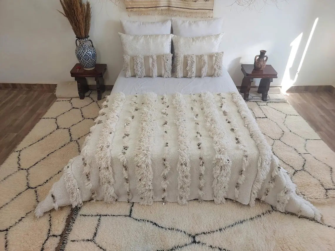 White Boho Blanket Cotton Moroccan Handira with Sequins and Heart Tassels MoroccanBazzArts