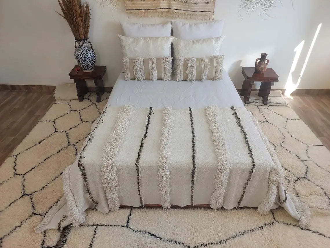 Authentic Vintage Moroccan Handira: White Wedding Blanket, Hand-Woven Berber Wool Throw Rug MoroccanBazzArts