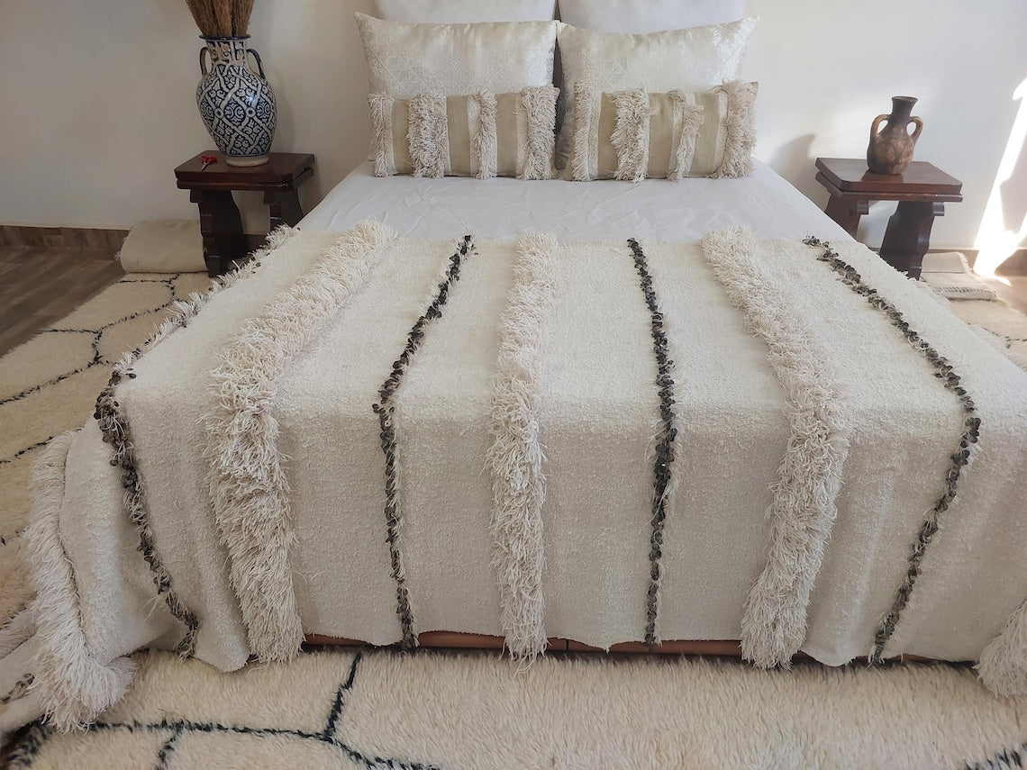 Authentic Vintage Moroccan Handira: White Wedding Blanket, Hand-Woven Berber Wool Throw Rug MoroccanBazzArts