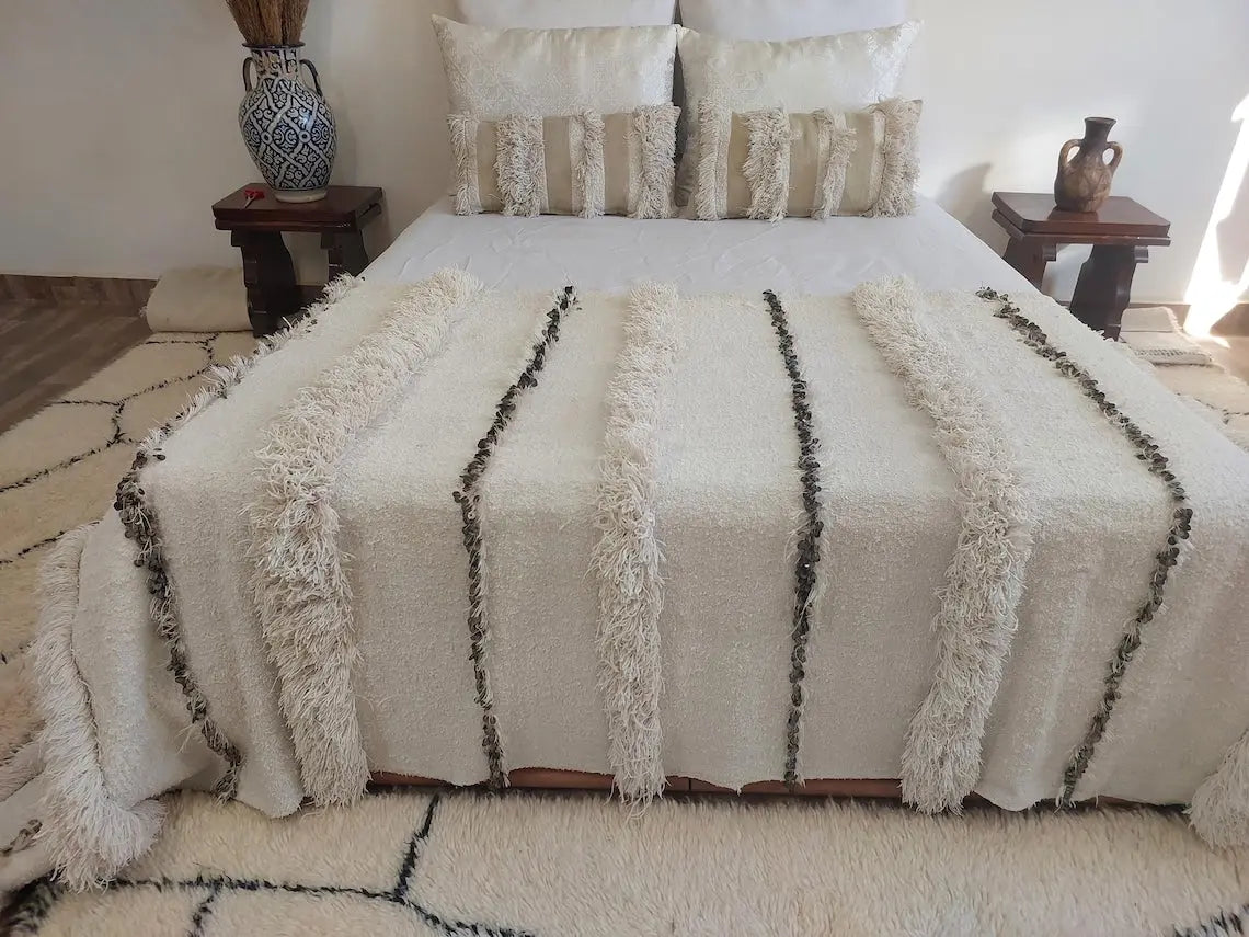 Authentic Vintage Moroccan Handira: White Wedding Blanket, Hand-Woven Berber Wool Throw Rug MoroccanBazzArts
