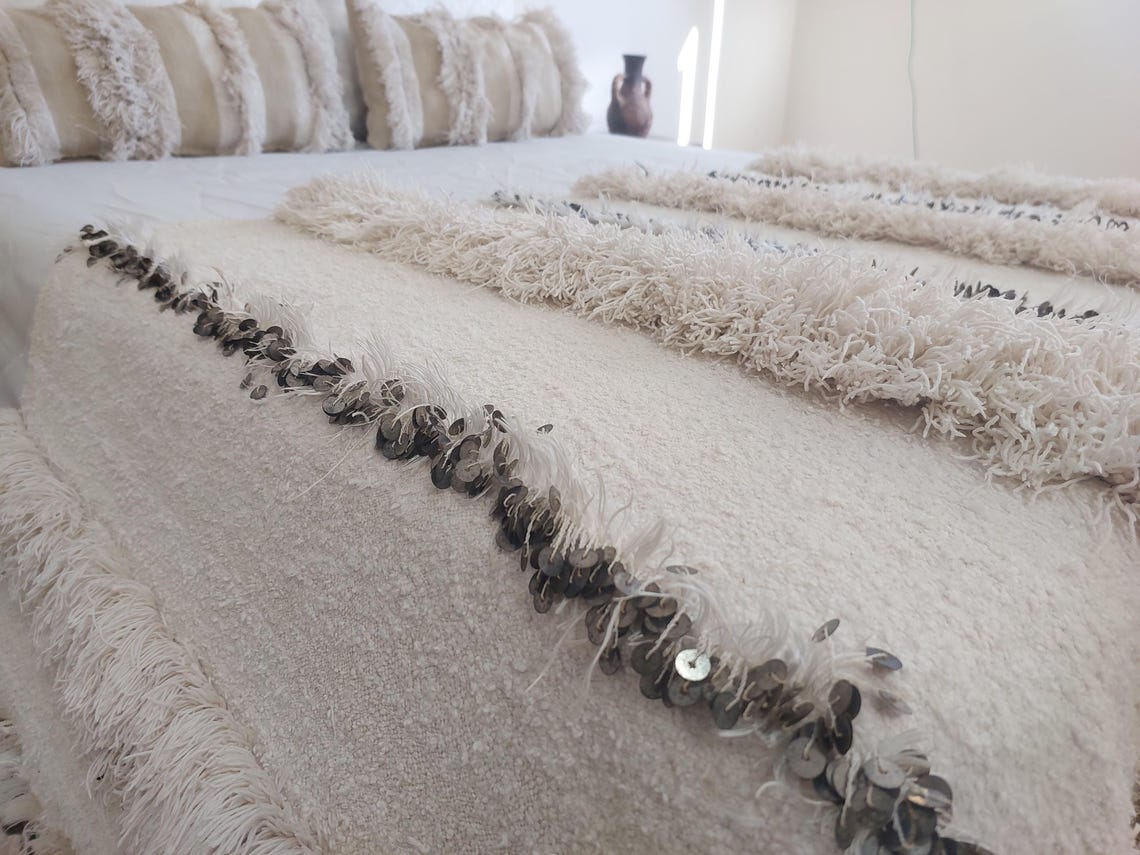 Authentic Vintage Moroccan Handira: White Wedding Blanket, Hand-Woven Berber Wool Throw Rug MoroccanBazzArts