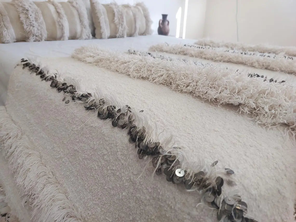 Authentic Vintage Moroccan Handira: White Wedding Blanket, Hand-Woven Berber Wool Throw Rug MoroccanBazzArts