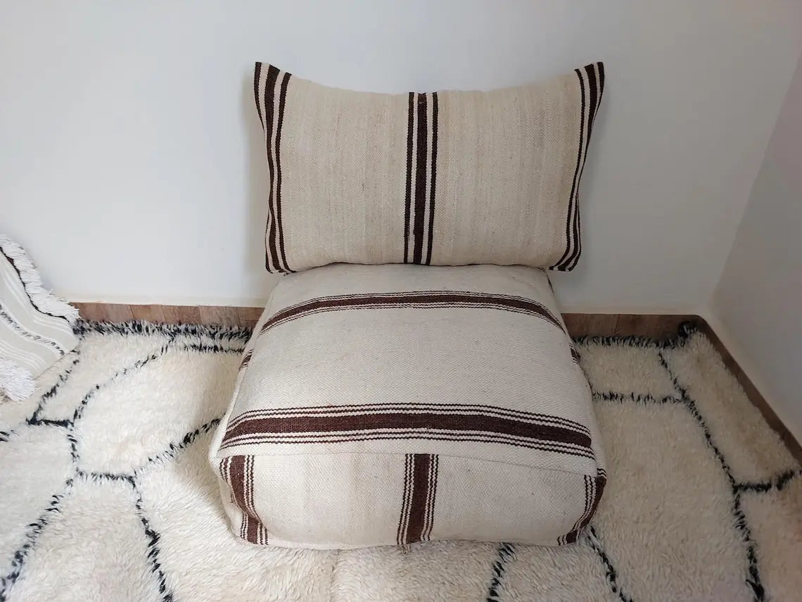 Vintage Berber Wool Moroccan Pouf Set With Pillow - Handmade Flatweave Ottoman Floor Cushions MoroccanBazzArts