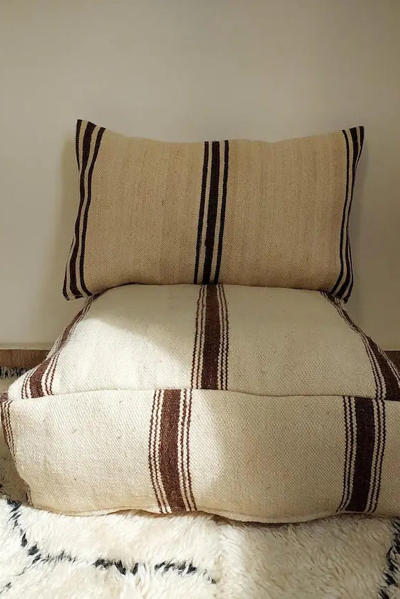 Vintage Berber Wool Moroccan Pouf Set With Pillow - Handmade Flatweave Ottoman Floor Cushions MoroccanBazzArts
