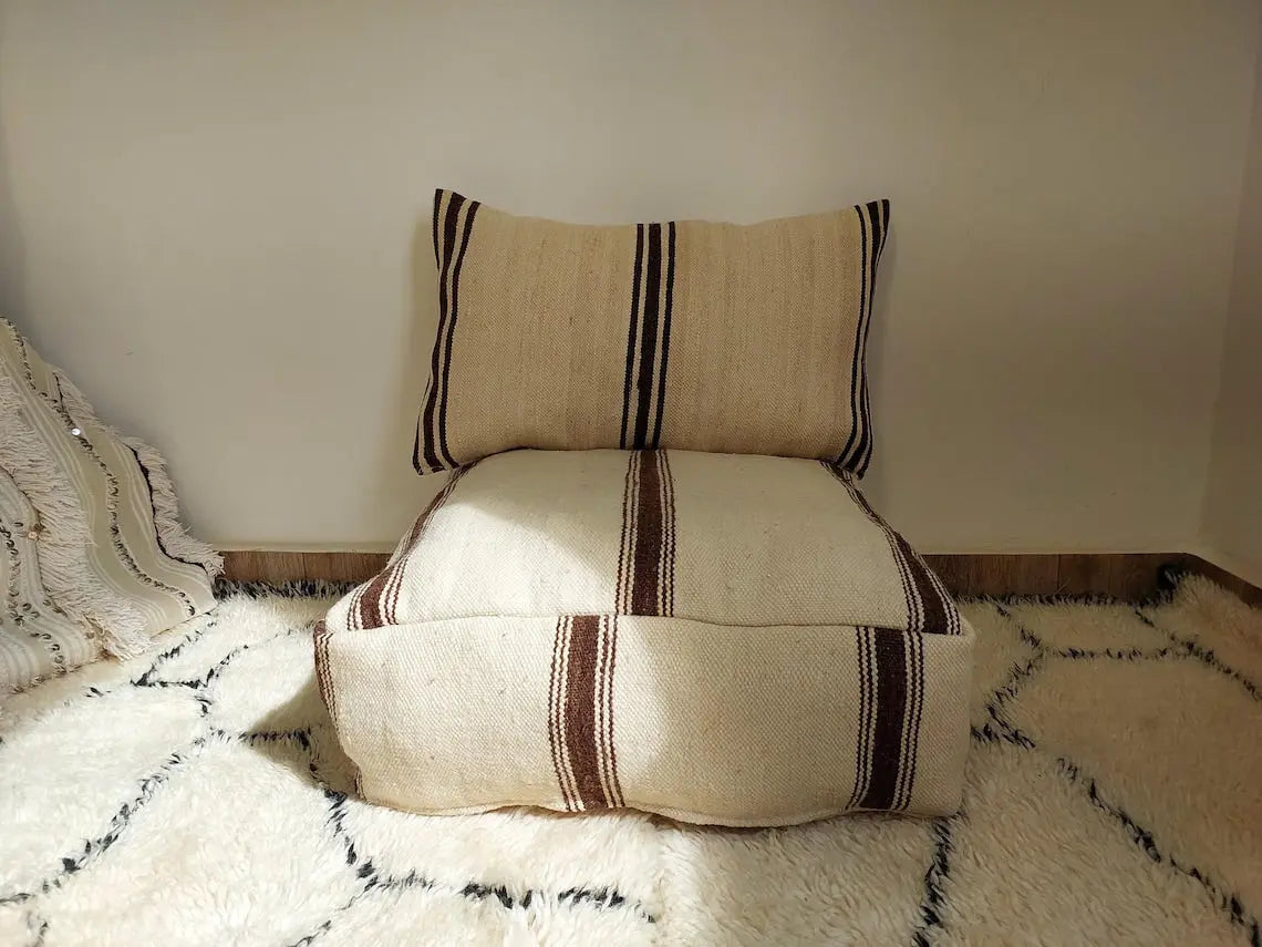 Vintage Berber Wool Moroccan Pouf Set With Pillow - Handmade Flatweave Ottoman Floor Cushions MoroccanBazzArts