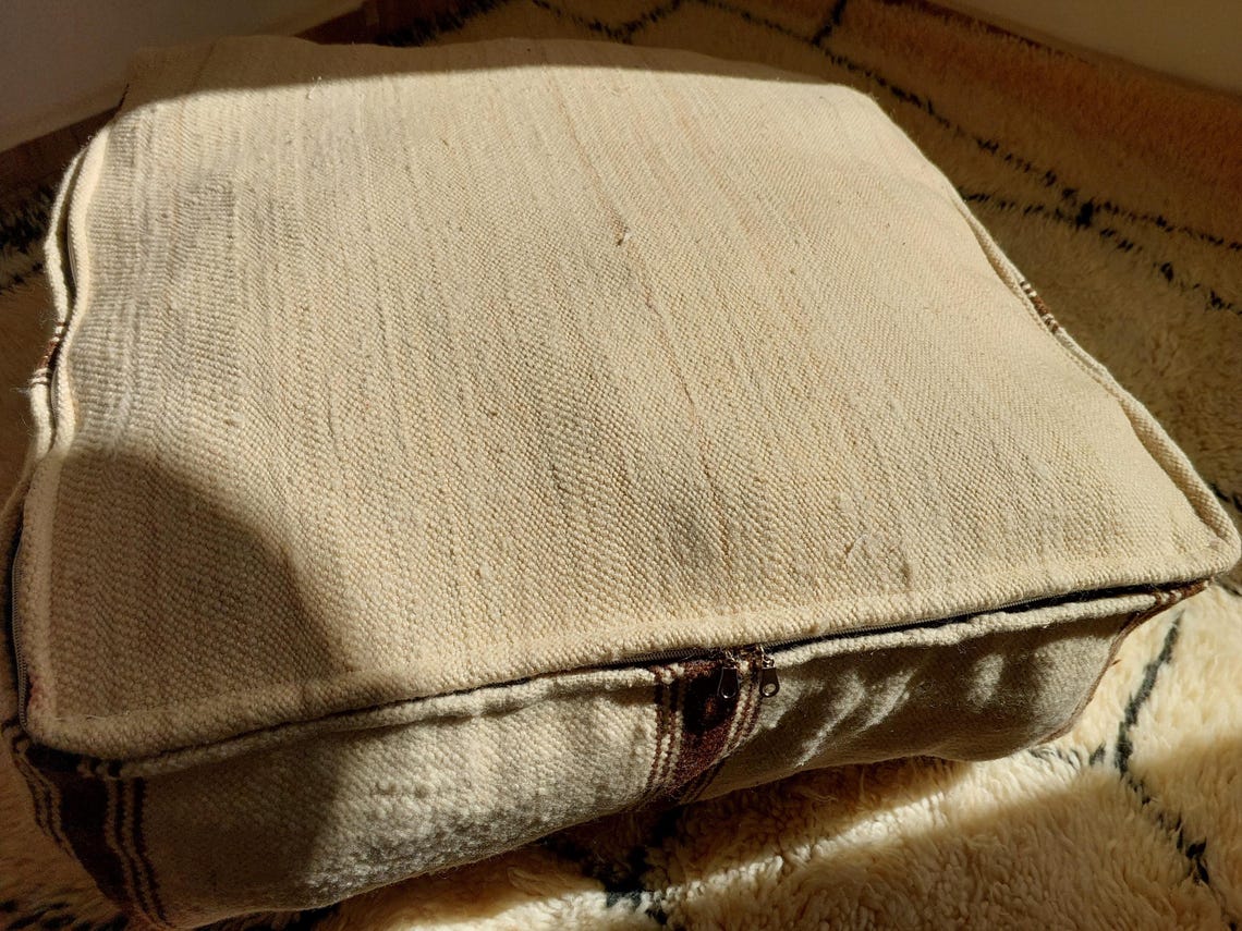 Vintage Berber Wool Moroccan Pouf Set With Pillow - Handmade Flatweave Ottoman Floor Cushions MoroccanBazzArts