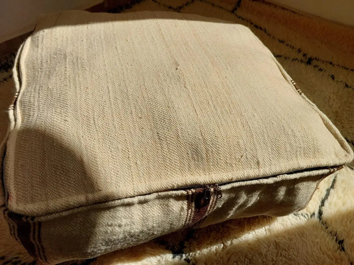 Vintage Berber Wool Moroccan Pouf Set With Pillow - Handmade Flatweave Ottoman Floor Cushions MoroccanBazzArts