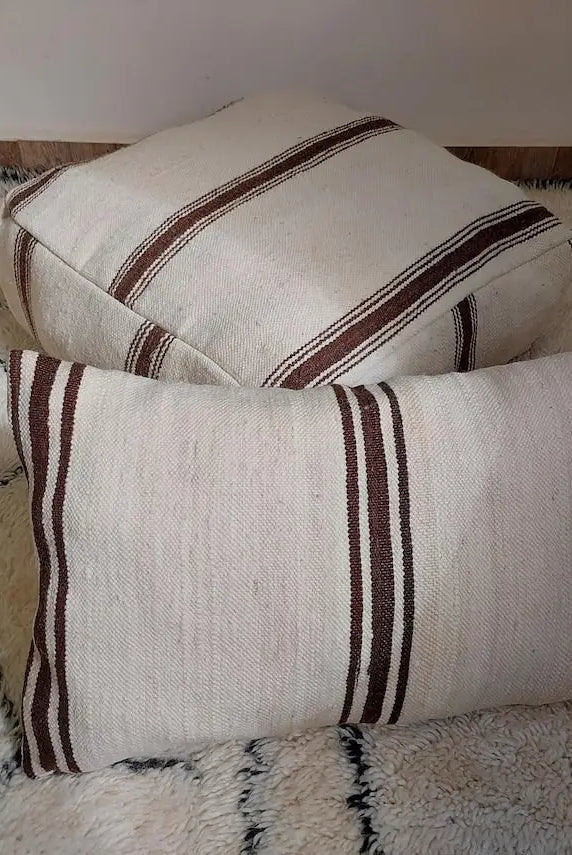Vintage Berber Wool Moroccan Pouf Set With Pillow - Handmade Flatweave Ottoman Floor Cushions MoroccanBazzArts