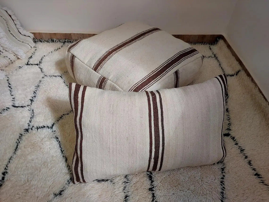 Vintage Berber Wool Moroccan Pouf Set With Pillow - Handmade Flatweave Ottoman Floor Cushions MoroccanBazzArts