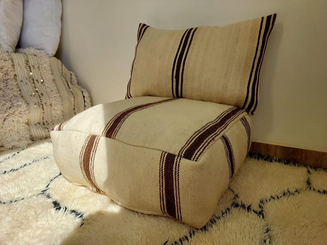 Vintage Berber Wool Moroccan Pouf Set With Pillow - Handmade Flatweave Ottoman Floor Cushions MoroccanBazzArts