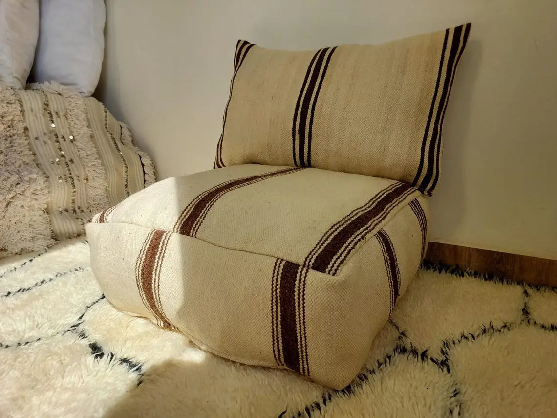 Vintage Berber Wool Moroccan Pouf Set With Pillow - Handmade Flatweave Ottoman Floor Cushions MoroccanBazzArts
