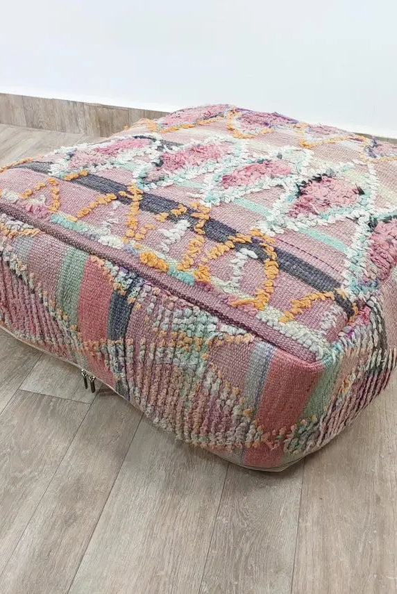 Moroccan Wool Pouf Purple Green: Square Artisanal Ottoman Floor Seat MoroccanBazzArts
