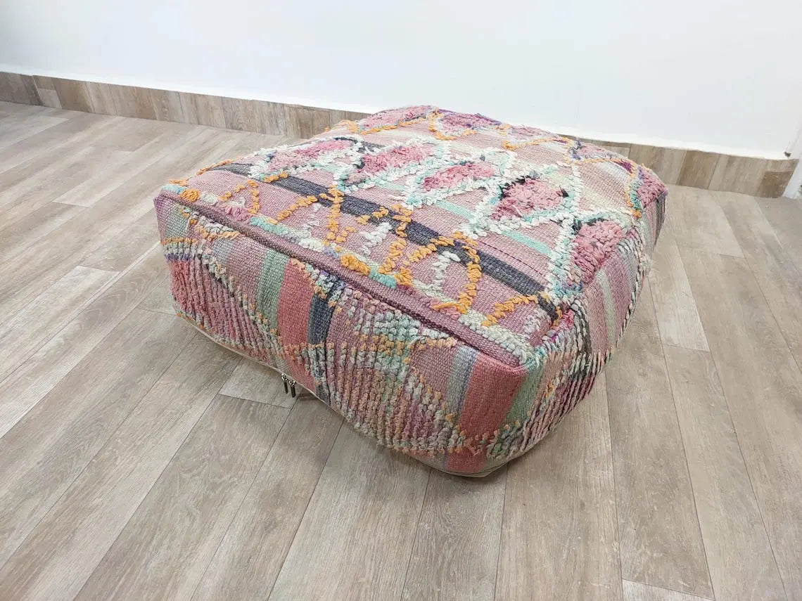 Moroccan Wool Pouf Purple Green: Square Artisanal Ottoman Floor Seat MoroccanBazzArts