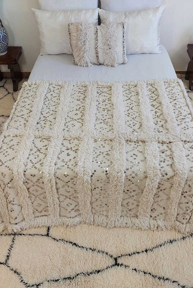 Creamy White Throw Wedding Blanket Xl: Vintage Moroccan Sequinned Wool Handira MoroccanBazzArts
