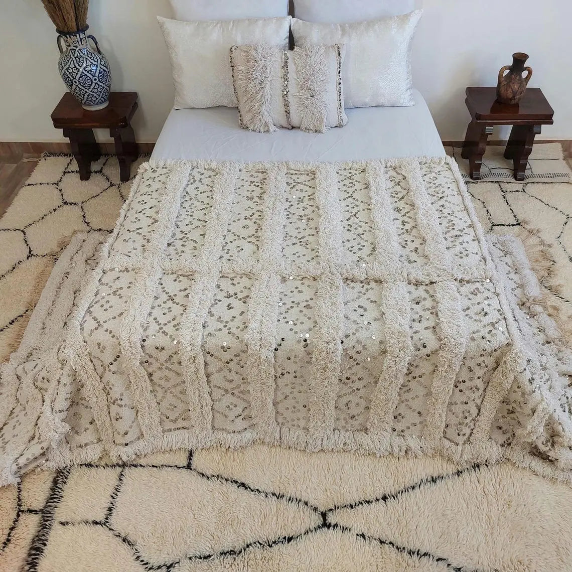 Creamy White Throw Wedding Blanket Xl: Vintage Moroccan Sequinned Wool Handira MoroccanBazzArts