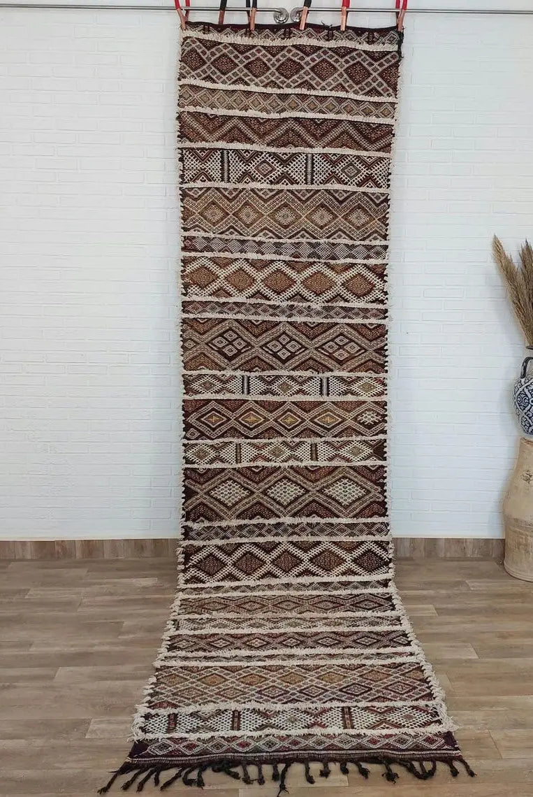 Berber Hallway Rug Blue: Vintage Moroccan Beni M'Guild Kilim Runner, Geometric Flatweave, Handwoven 11.7x3.3ft MoroccanBazzArts