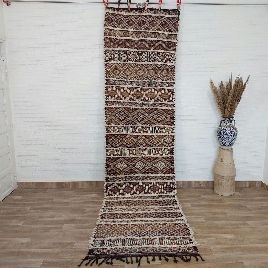 Berber Hallway Rug Blue: Vintage Moroccan Beni M'Guild Kilim Runner, Geometric Flatweave, Handwoven 11.7x3.3ft MoroccanBazzArts