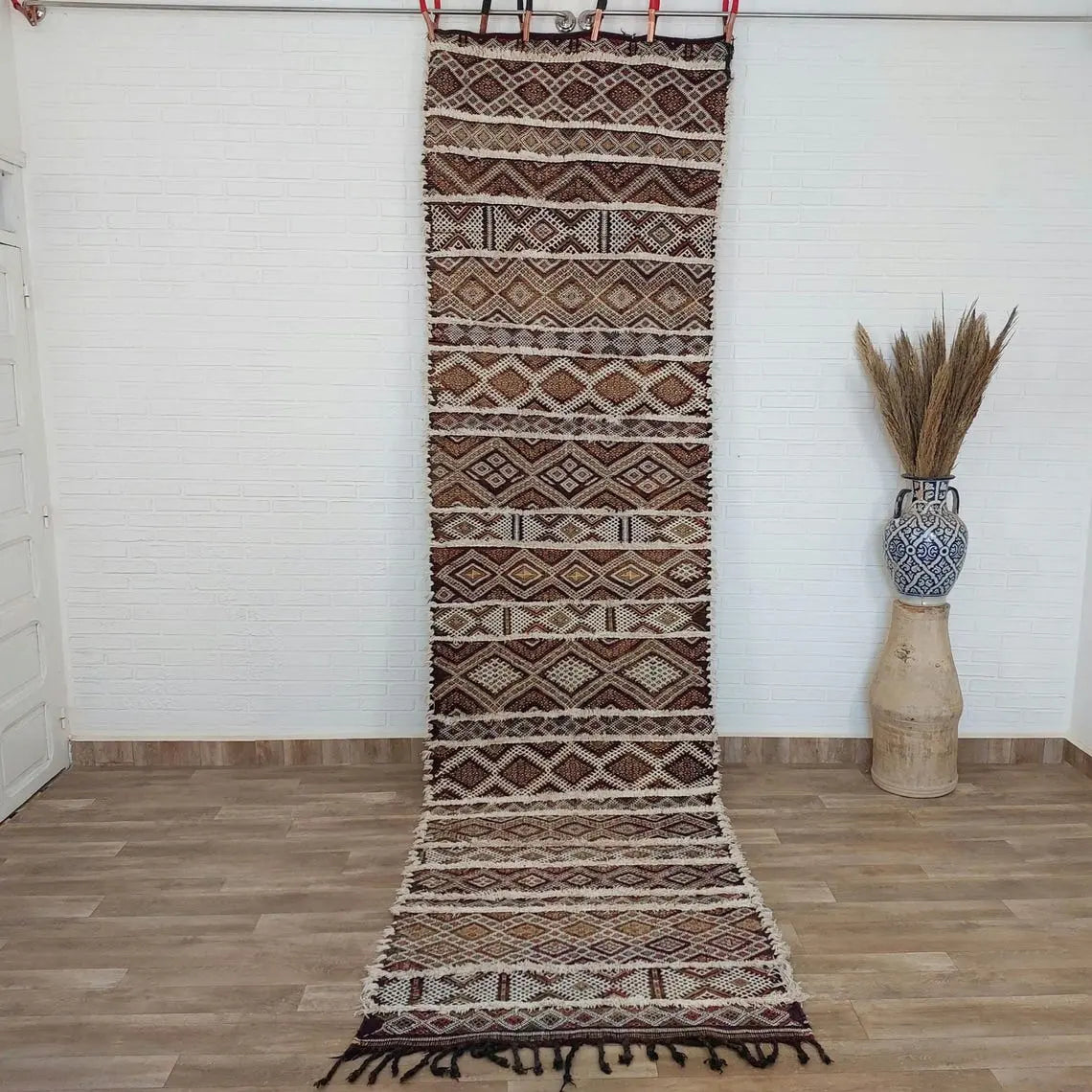Berber Hallway Rug Blue: Vintage Moroccan Beni M'Guild Kilim Runner, Geometric Flatweave, Handwoven 11.7x3.3ft MoroccanBazzArts