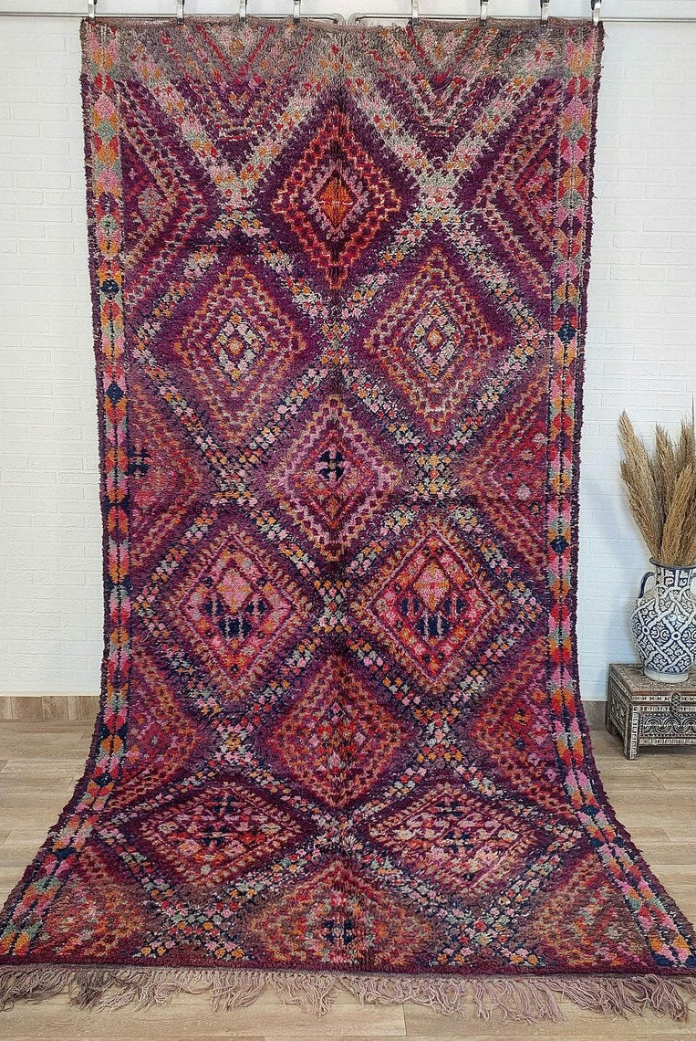 Mid Century Rug Handmade Wool: Vintage Moroccan Beni Mtir, Reversible, Earthy Colorful Statement Carpet MoroccanBazzArts