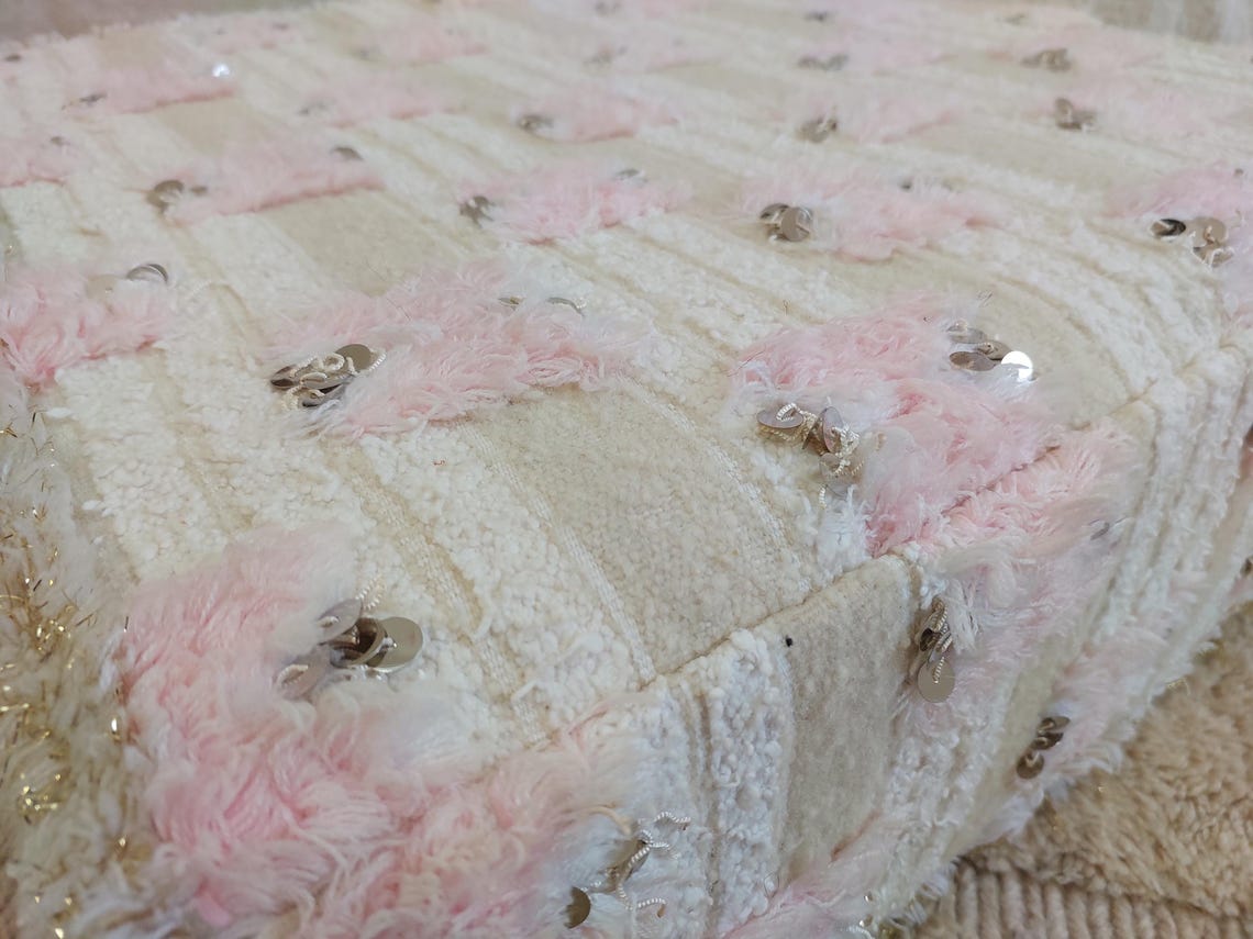 Handmade Moroccan Pouf Set With Pillow - Vintage Berber Pink Wedding Blanket Flatweave Wool Ottoman MoroccanBazzArts