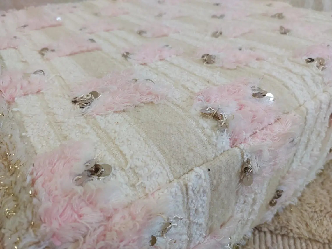 Handmade Moroccan Pouf Set With Pillow - Vintage Berber Pink Wedding Blanket Flatweave Wool Ottoman MoroccanBazzArts
