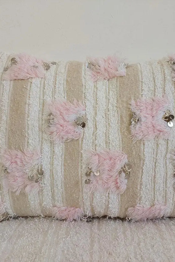 Handmade Moroccan Pouf Set With Pillow - Vintage Berber Pink Wedding Blanket Flatweave Wool Ottoman MoroccanBazzArts